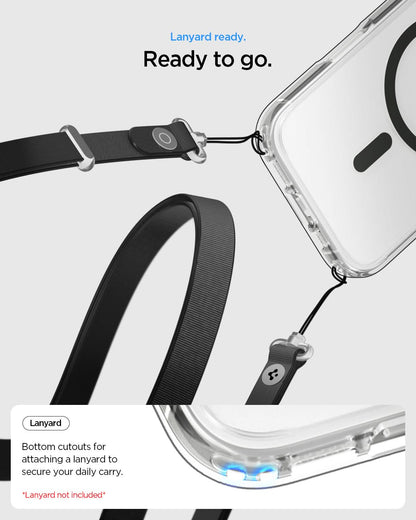 ACS10083 - iPhone 17 Ultra Hybrid (MagFit) in Clear Graphite showing lanyard ready to go. bottom cutouts for attaching a lanyard to secure our daily carry