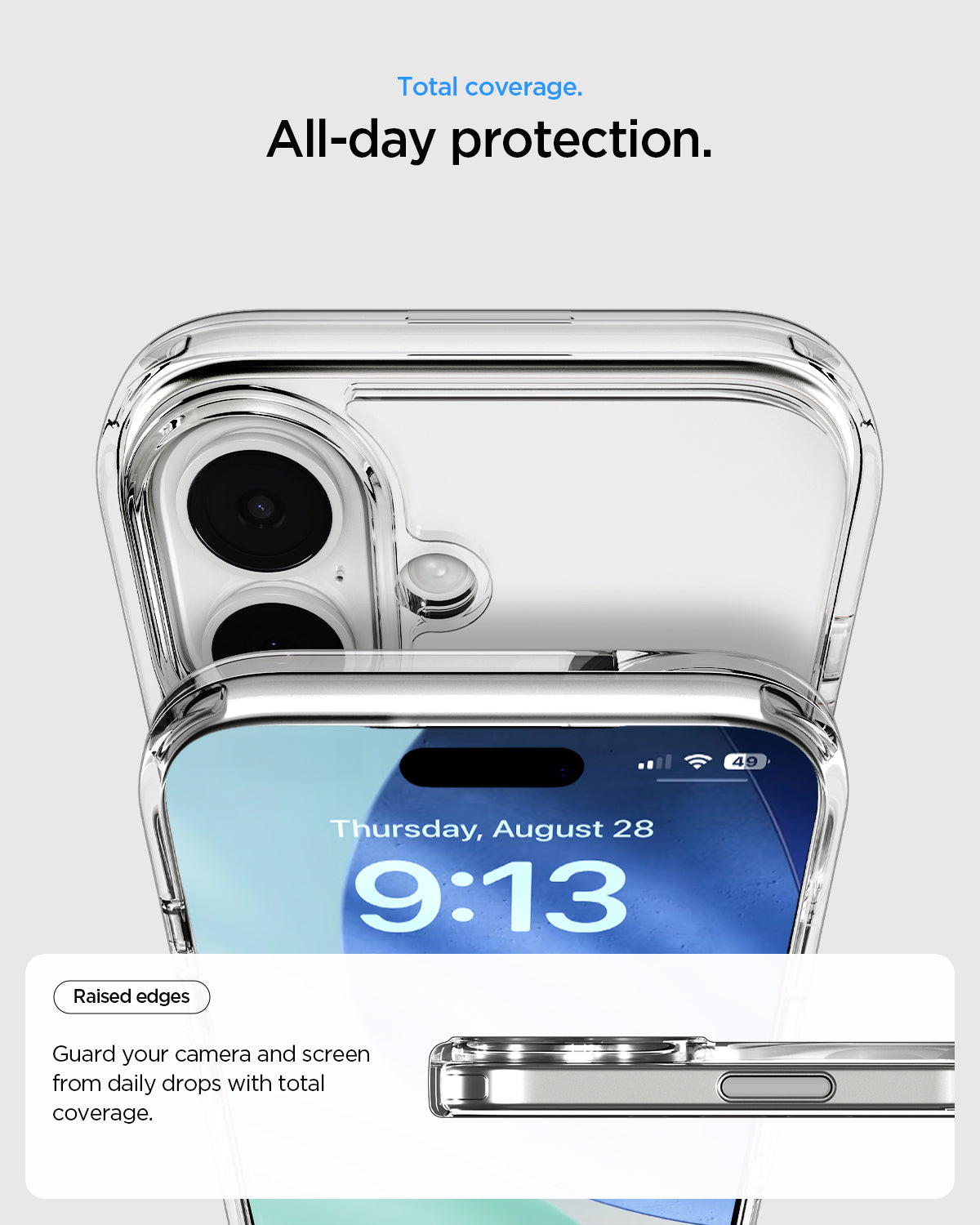 ACS09981 - iPhone 17 Case Ultra Hybrid S (MagFit) showing the total coverage and all day protection. Raised edges to guard your camera and screen from daily drops with total coverage