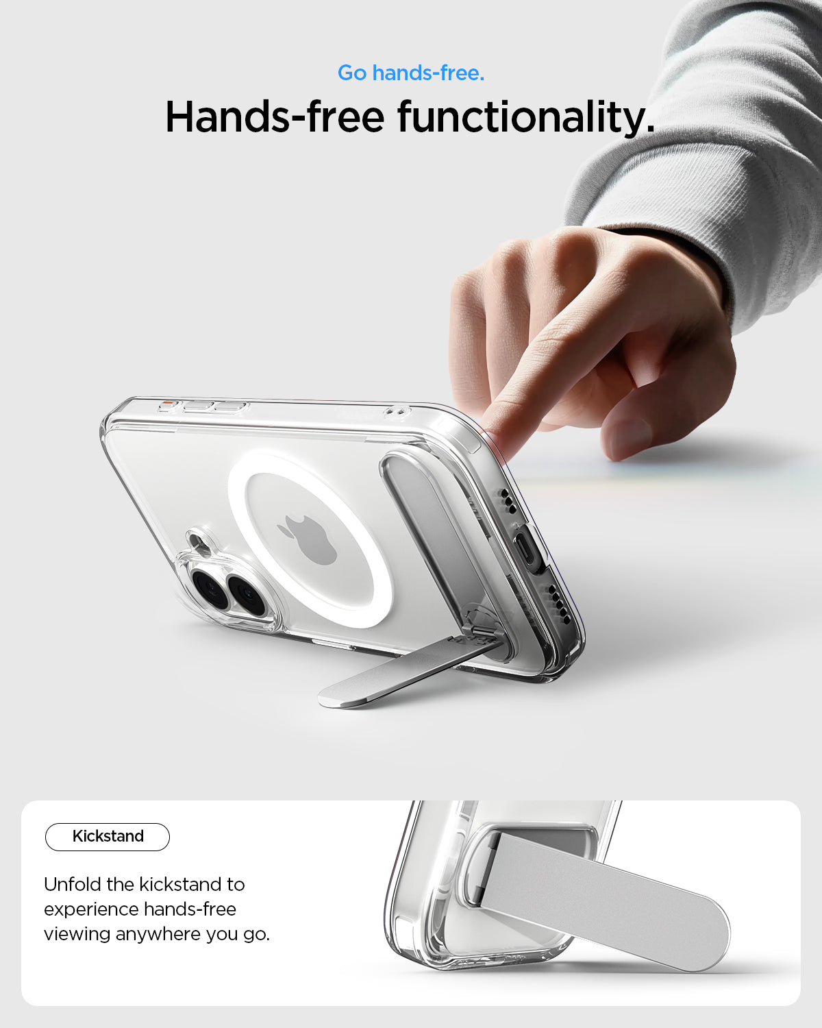 ACS09981 - iPhone 17 Case Ultra Hybrid S (MagFit) showing the hands free functionality. Unfold the kickstand to experience hands free viewing anywhere you go.