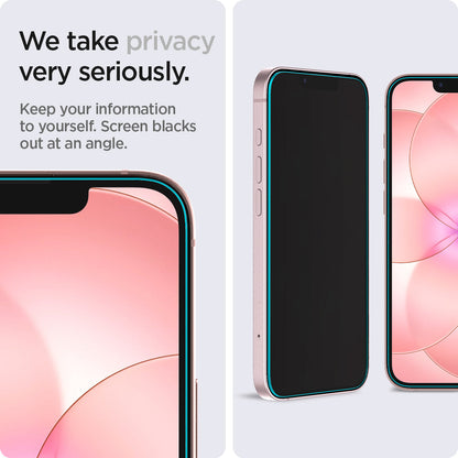 AGL03388 - iPhone 17e Screen Protector EZ FIT GLAS.tR Privacy showing we take privacy very seriously. Keep your information to yourself. Screen blacks out at an angle.