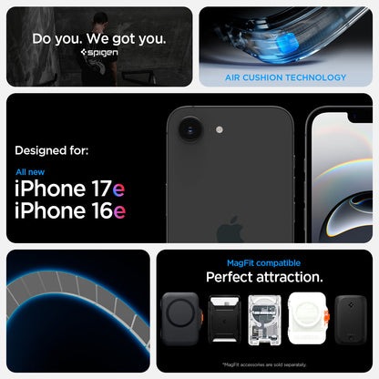ACS09140 - iPhone 17e Case Ultra Hybrid (Mag Fit) showing iPhone 17e and iPhone 16e compatibility and compatibility with Mag Fit. Showcases Air Cushion technology along with Mag fit accessories showcases of Mag Fit wallets and chargers but Mag fit accesso
