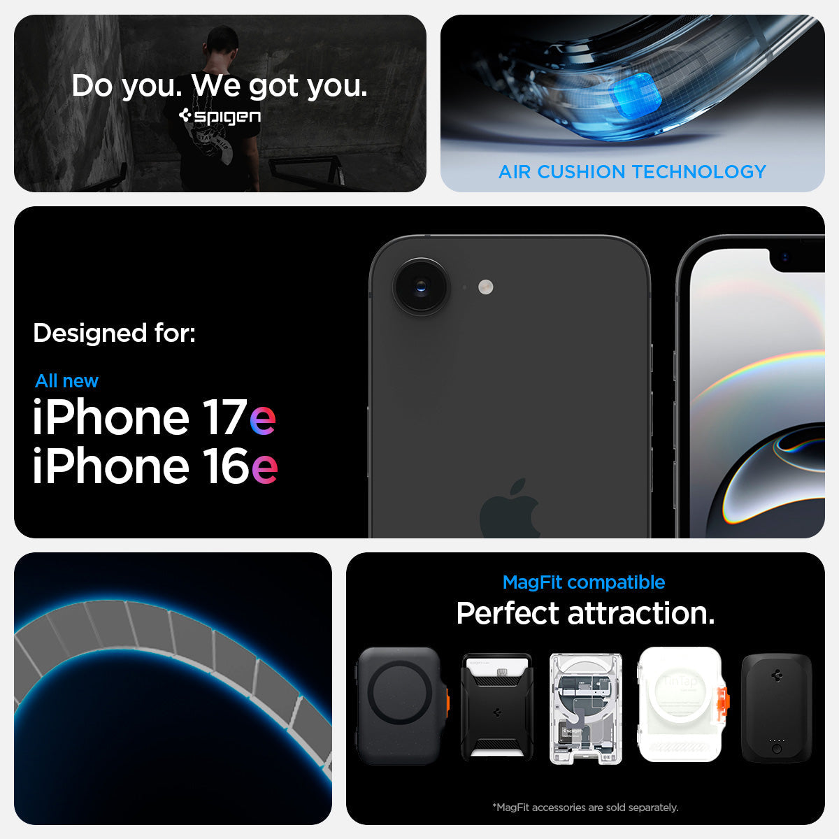 ACS09144 - iPhone 17e Case Ultra Hybrid (MagFit) showing iPhone 17e and iPhone 16e compatibility and compatibility with Mag Fit. Showcases Air Cushion technology along with Mag fit accessories showcases of Mag Fit wallets and chargers but Mag fit accessor