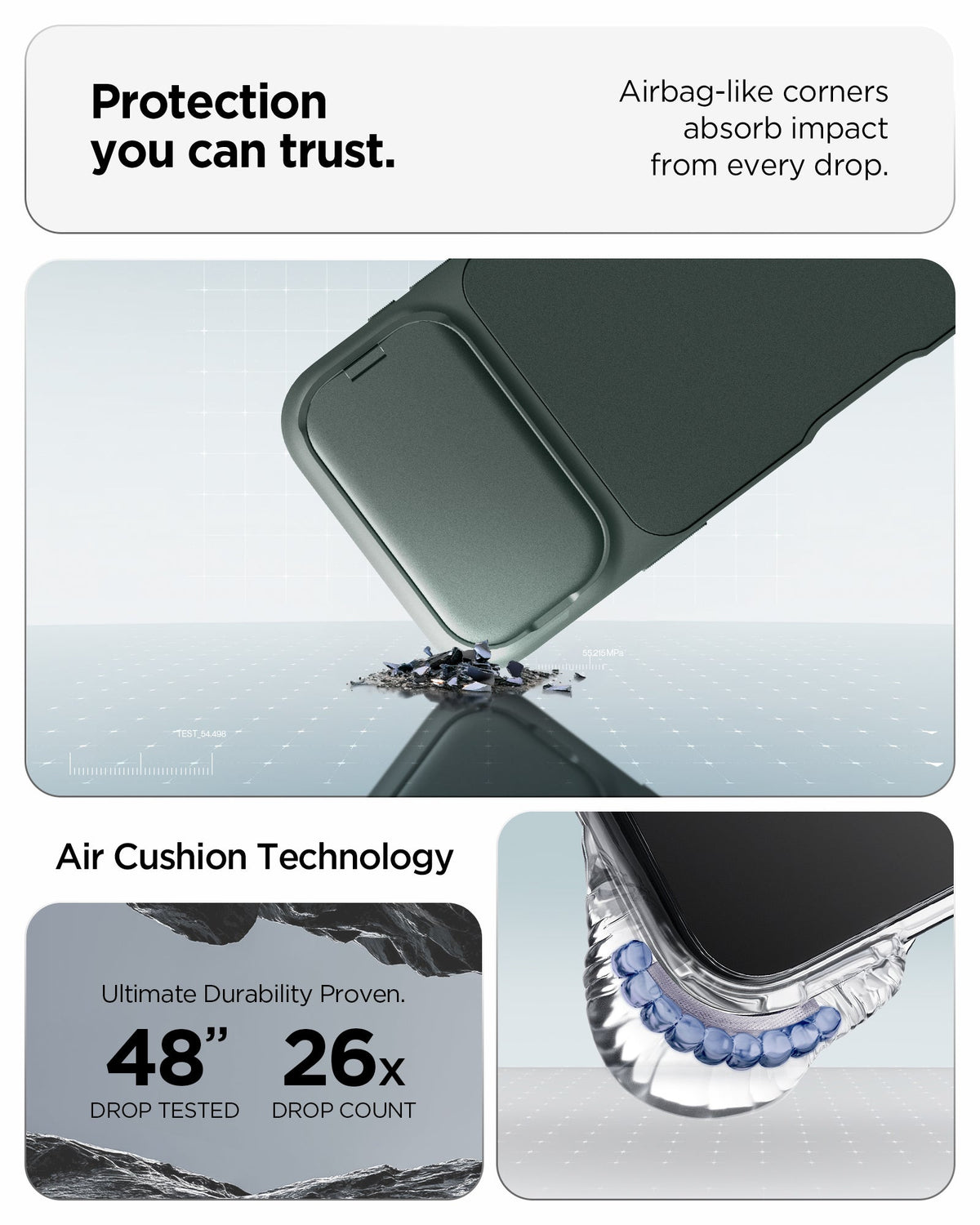 ACS09954 - iPhone 17 Pro Series Case Optik Armor (MagFit) in abyss green showing the protection you can trust. Airbag-like corners absorb impact from every drop with air cushion technology