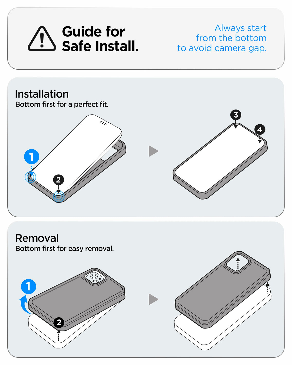 ACS09900 - iPhone 17 Pro Max Series Case Optik Armor (MagFit) in black showing the guide for safe installation. Always start from the bottom to avoid camera gap