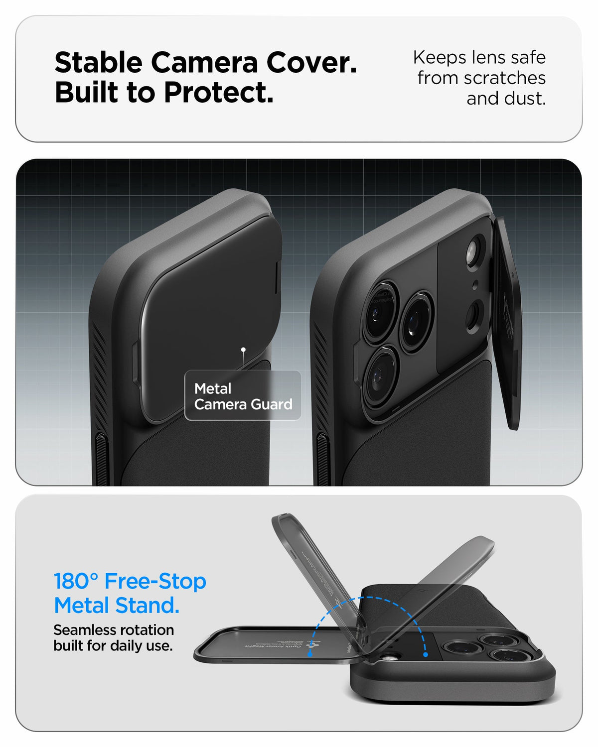 ACS09900 - iPhone 17 Pro Max Series Case Optik Armor (MagFit) in black showing the stable camera cover that is built to protect. Keep lens safe from scratches and dust