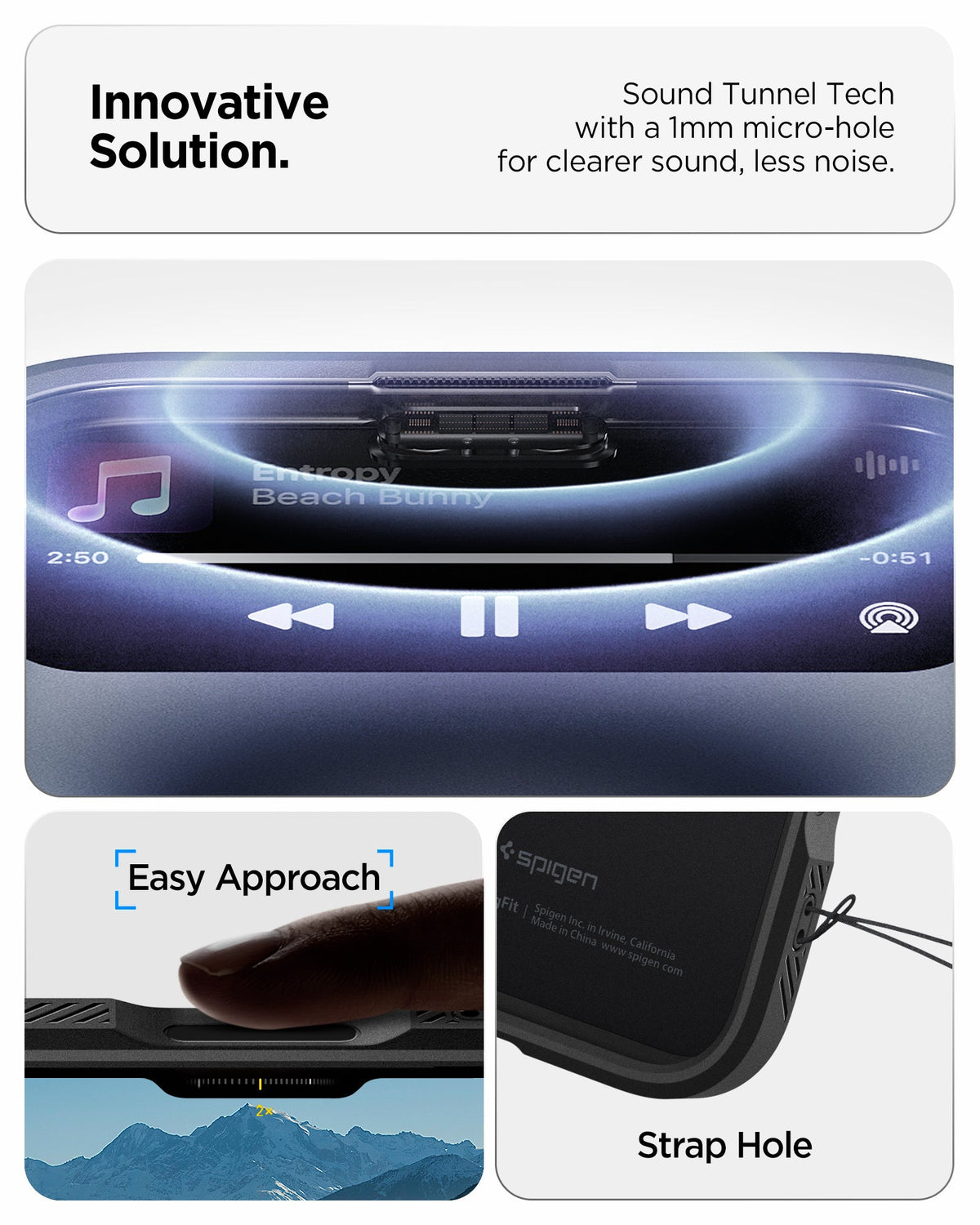 ACS09953 - iPhone 17 Pro Series Case Optik Armor (MagFit) in black showing the innovative solution. Sound tunnel tech with 1mm micro-hole for clearer sound and less noise