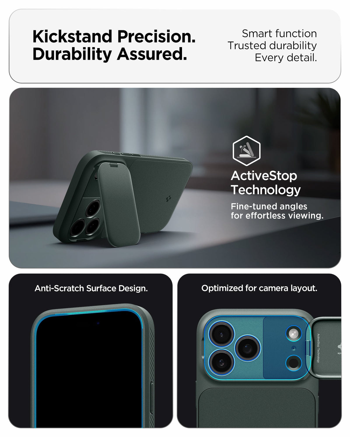 ACS09901 - iPhone 17 Pro Max Series Case Optik Armor (MagFit) in abyss green showing the kickstand precision. Durability assured. Smart function, trusted durability and every detail.
