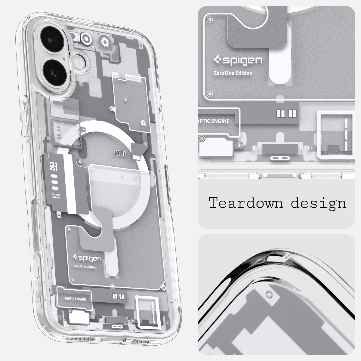 ACS08209 - iPhone 16 Case Ultra Hybrid Zero One (MagFit) in Zero One White teardown design.