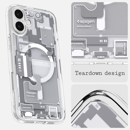 ACS08209 - iPhone 16 Case Ultra Hybrid Zero One (MagFit) in Zero One White teardown design.