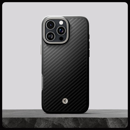 ACS08508 - iPhone 16 Pro Case Enzo Aramid in Black Natural showing whole case on the rock.