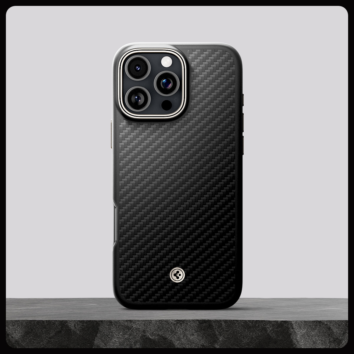 ACS08501 - iPhone 16 Pro Max Case Enzo Aramid in Black Natural showing whole case on the rock.