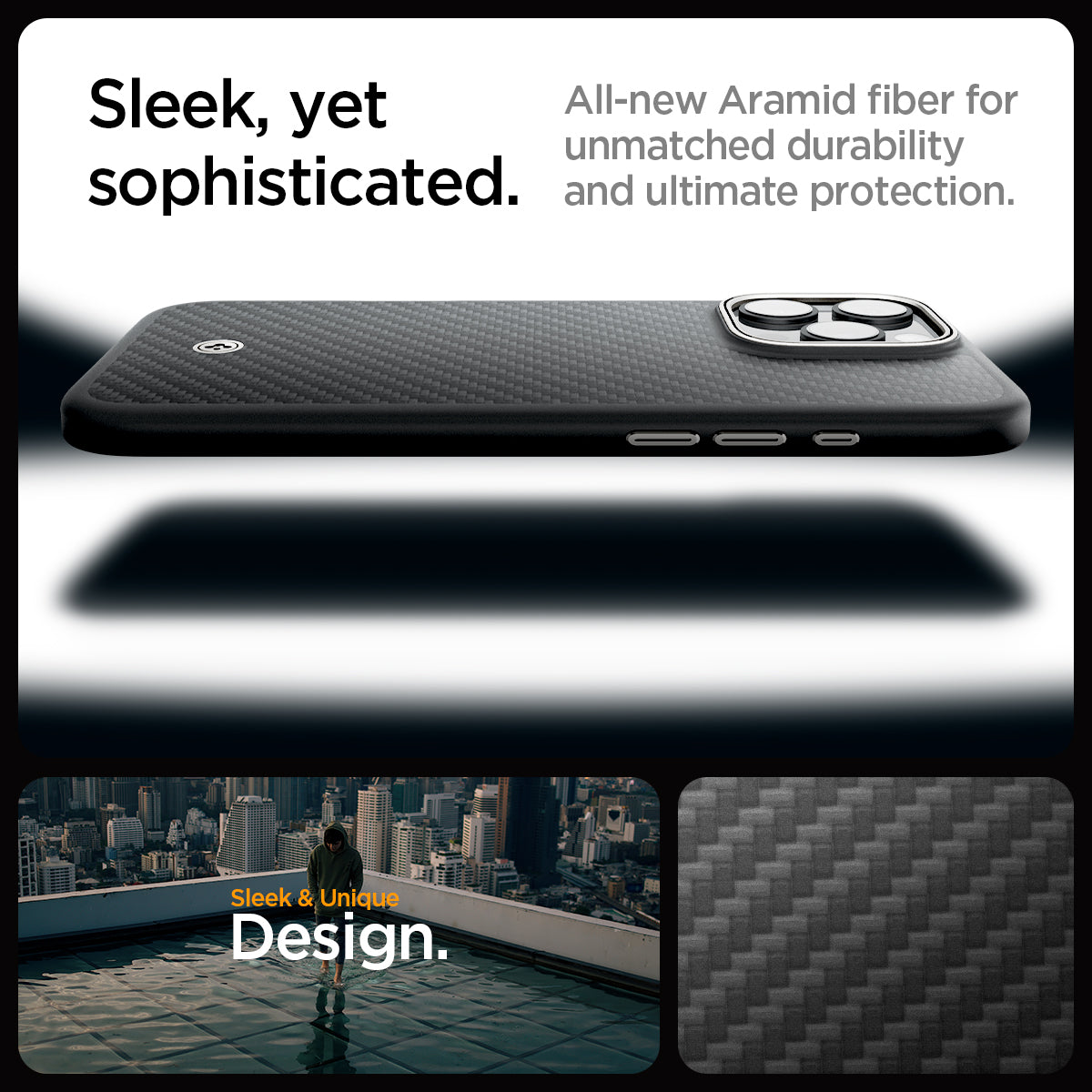 ACS08501 - iPhone 16 Pro Max Case Enzo Aramid in Black Natural sleek, yet, sophisticated. All new aramid fiber for unmatched durability and ultimate protection.