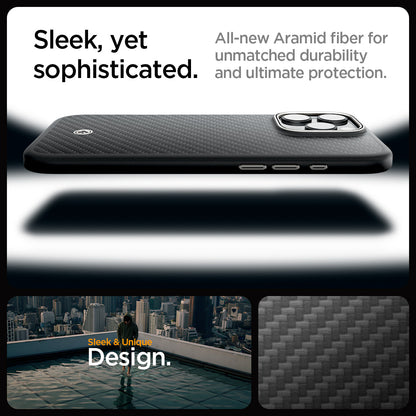 ACS08501 - iPhone 16 Pro Max Case Enzo Aramid in Black Natural sleek, yet, sophisticated. All new aramid fiber for unmatched durability and ultimate protection.