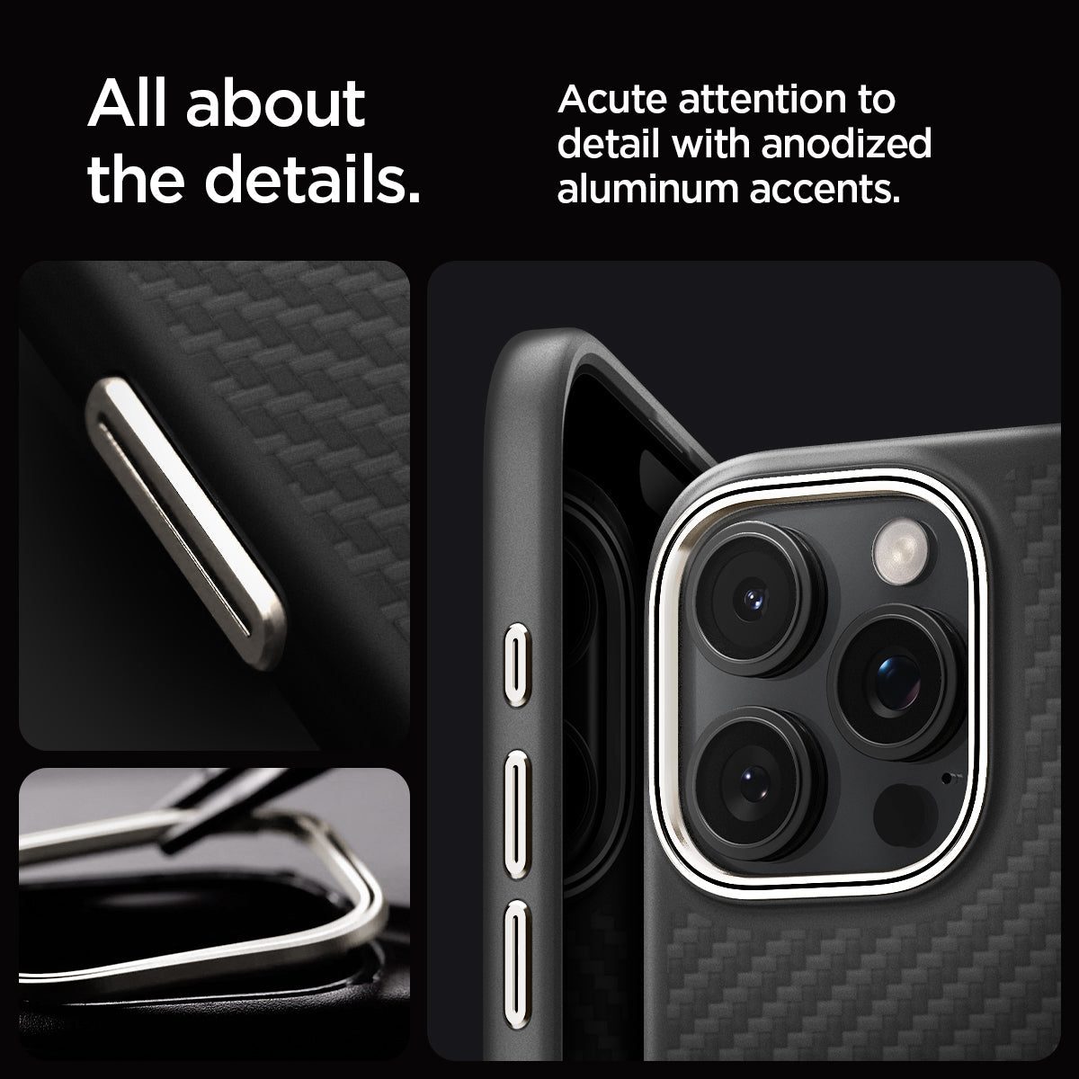ACS08501 - iPhone 16 Pro Max Case Enzo Aramid in Black Natural all about the details. Acute attention to detail with anodized aluminum accents.