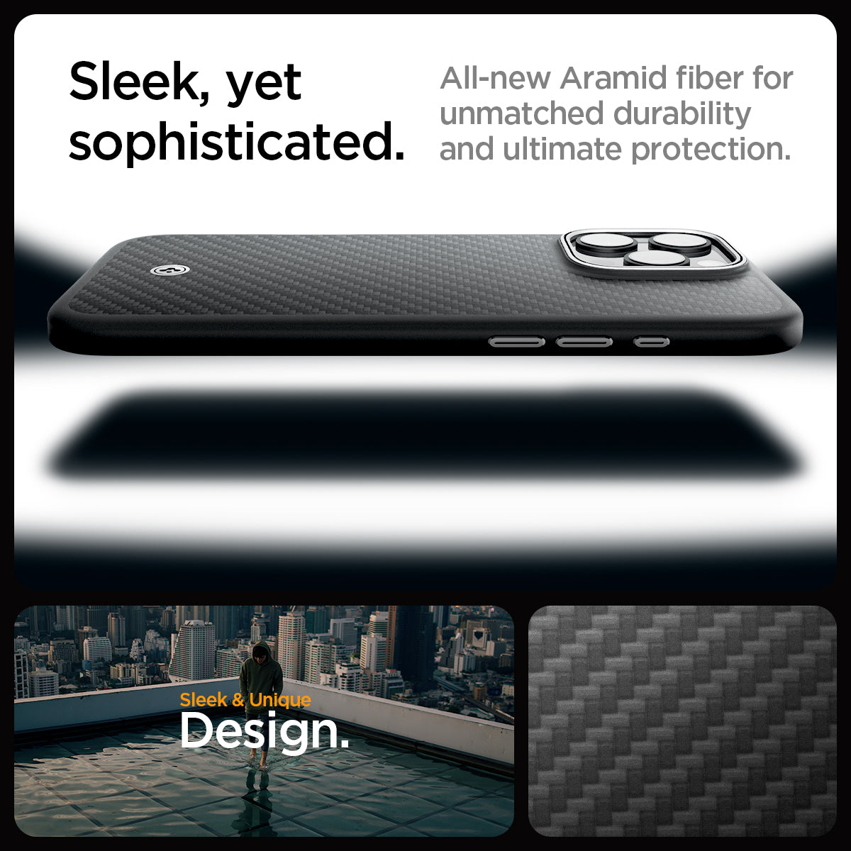 ACS08017 - iPhone 16 Pro Max Case Enzo Aramid in Black Silver sleek, yet, sophisticated. All new aramid fiber for unmatched durability and ultimate protection.