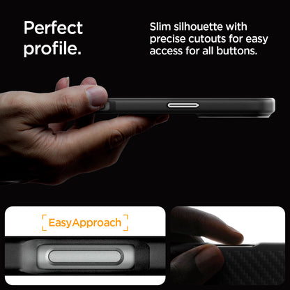 ACS08017 - iPhone 16 Pro Max Case Enzo Aramid in Black Silver perfect profile. Slim silhouette with precise cutouts for easy access for all buttons.