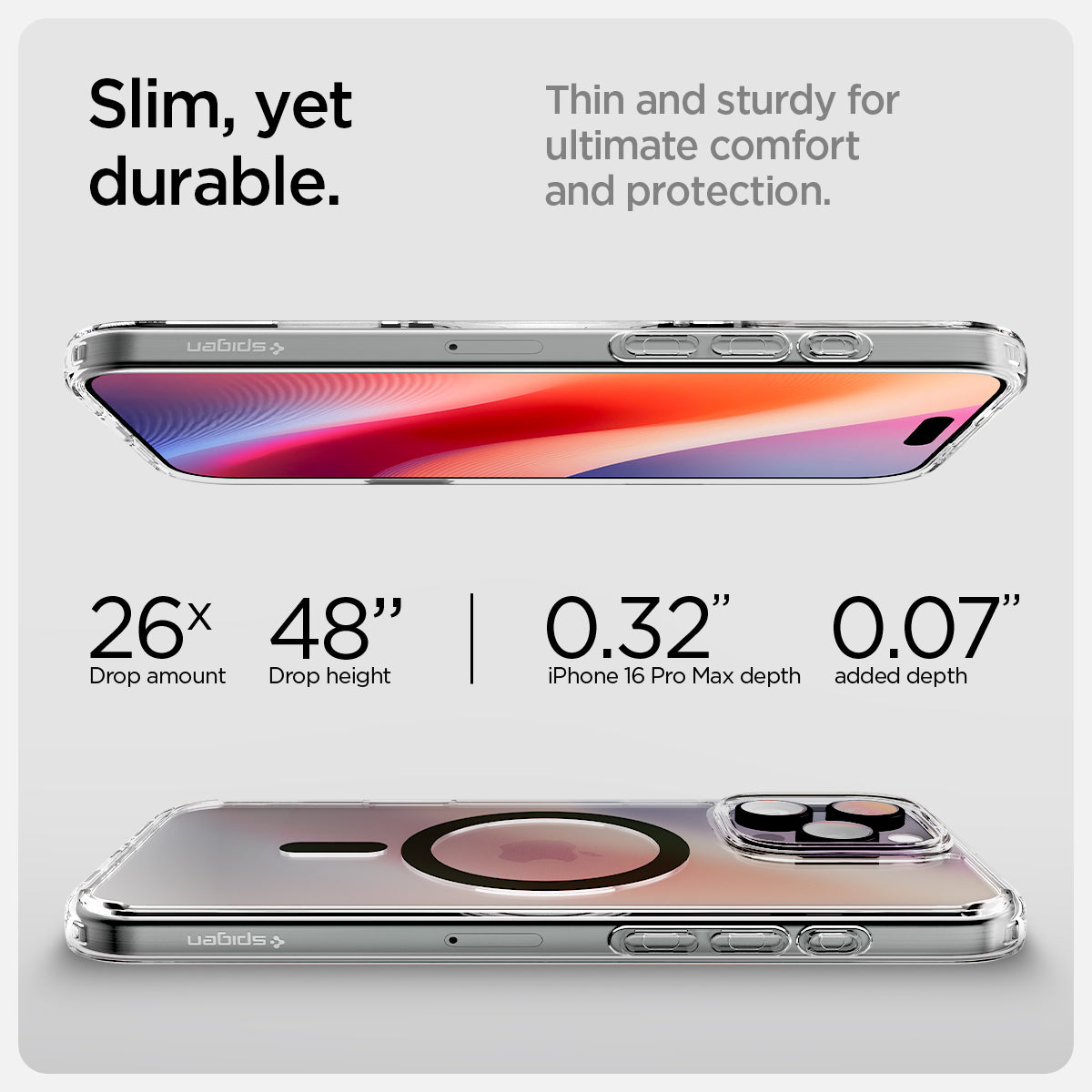 ACS08506 - iPhone 16 Pro Max Case Ultra Hybrid T (MagFit + Camera Control) in Graphite showing the slim, yet durable, thin and sturdy for ultimate comfort and protection, 26x drop amount, 48" drop height | 0.32" device depth 0.07" added depth