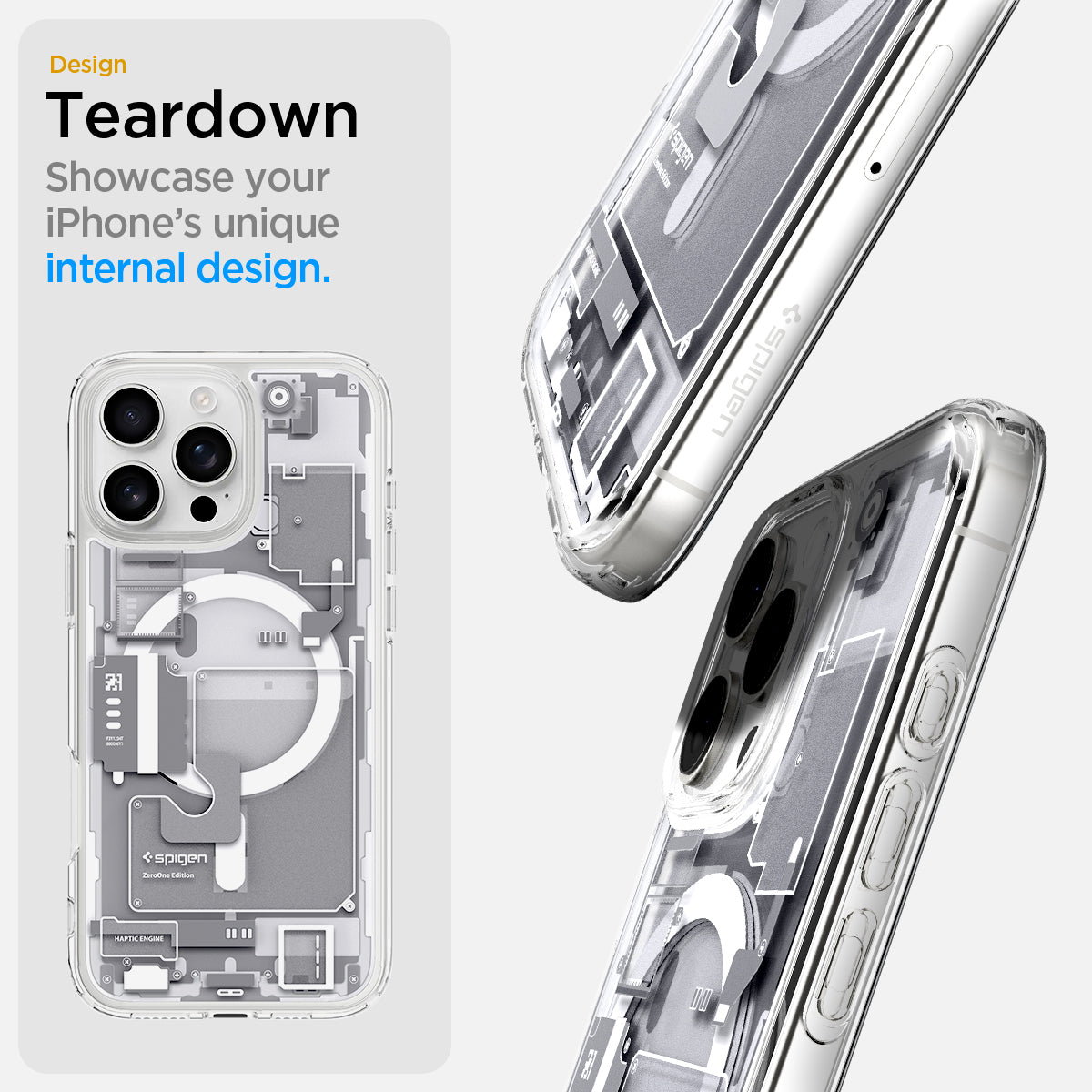 ACS08005 - iPhone 16 Pro Max Case Ultra Hybrid Zero One (MagFit) in Zero One White teardown design. showcase your iPhone's unique internal design.