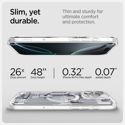 ACS08005 - iPhone 16 Pro Max Case Ultra Hybrid Zero One (MagFit) in Zero One White slim yet durable. thin and sturdy for ultimate comfort and protection. drop amount, drop height, iPhone pro max depth. added depth.