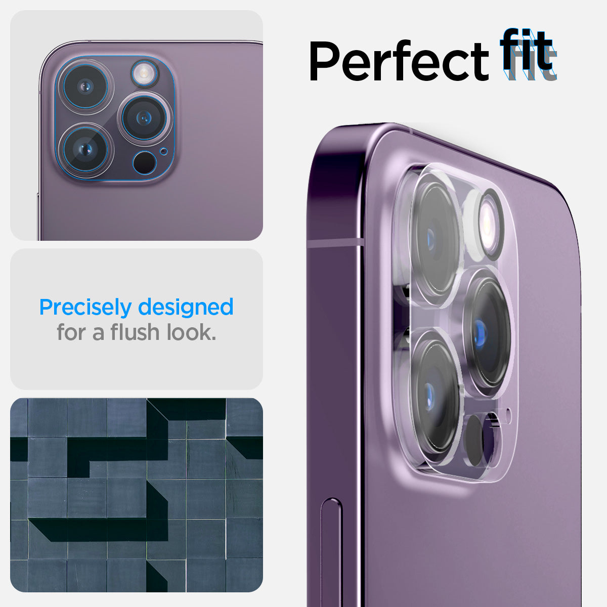 AGL05761 - iPhone 14 Pro / 14 Pro Max Optik Lens Protector in crystal clear showing the perfect fit. Precisely designed for a flush look