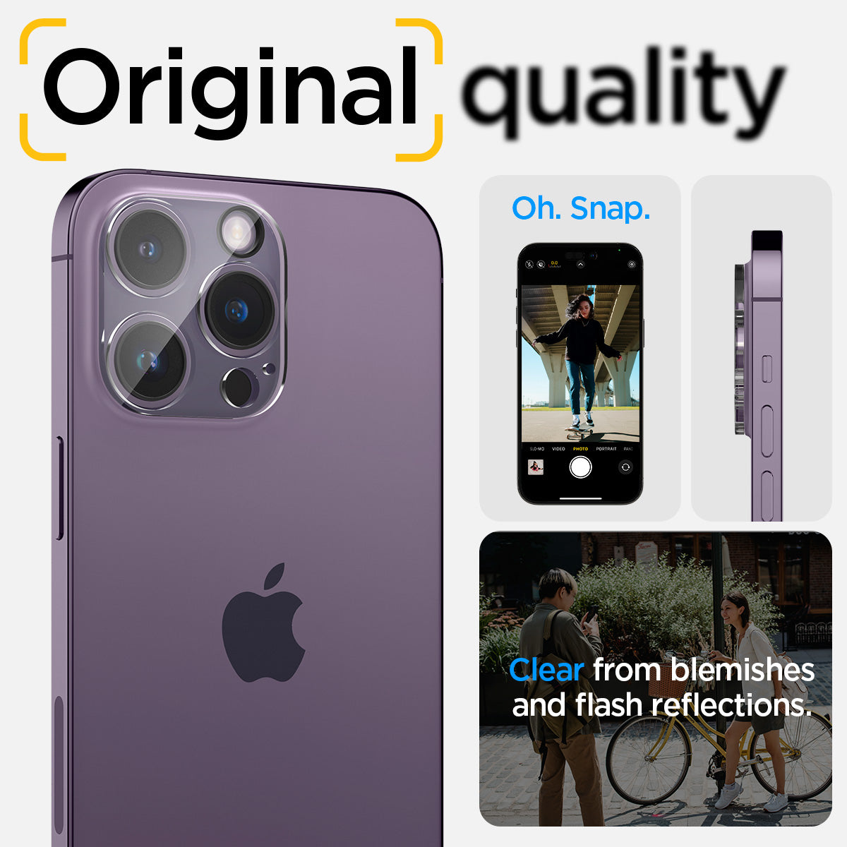 AGL05761 - iPhone 14 Pro / 14 Pro Max Optik Lens Protector in crystal clear showing the no blemishes, no flash reflection oh, snap, original quality.