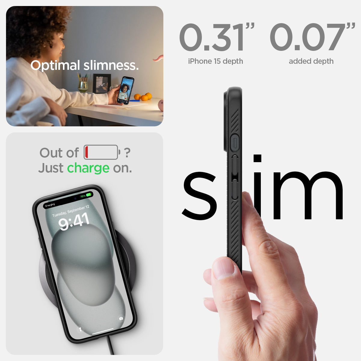 ACS06790 - iPhone 15 Case Liquid Air in black the 0.31" iPhone 16 Plus depth. 0.06" added depth optimal slimness. out of battery? just charge on.