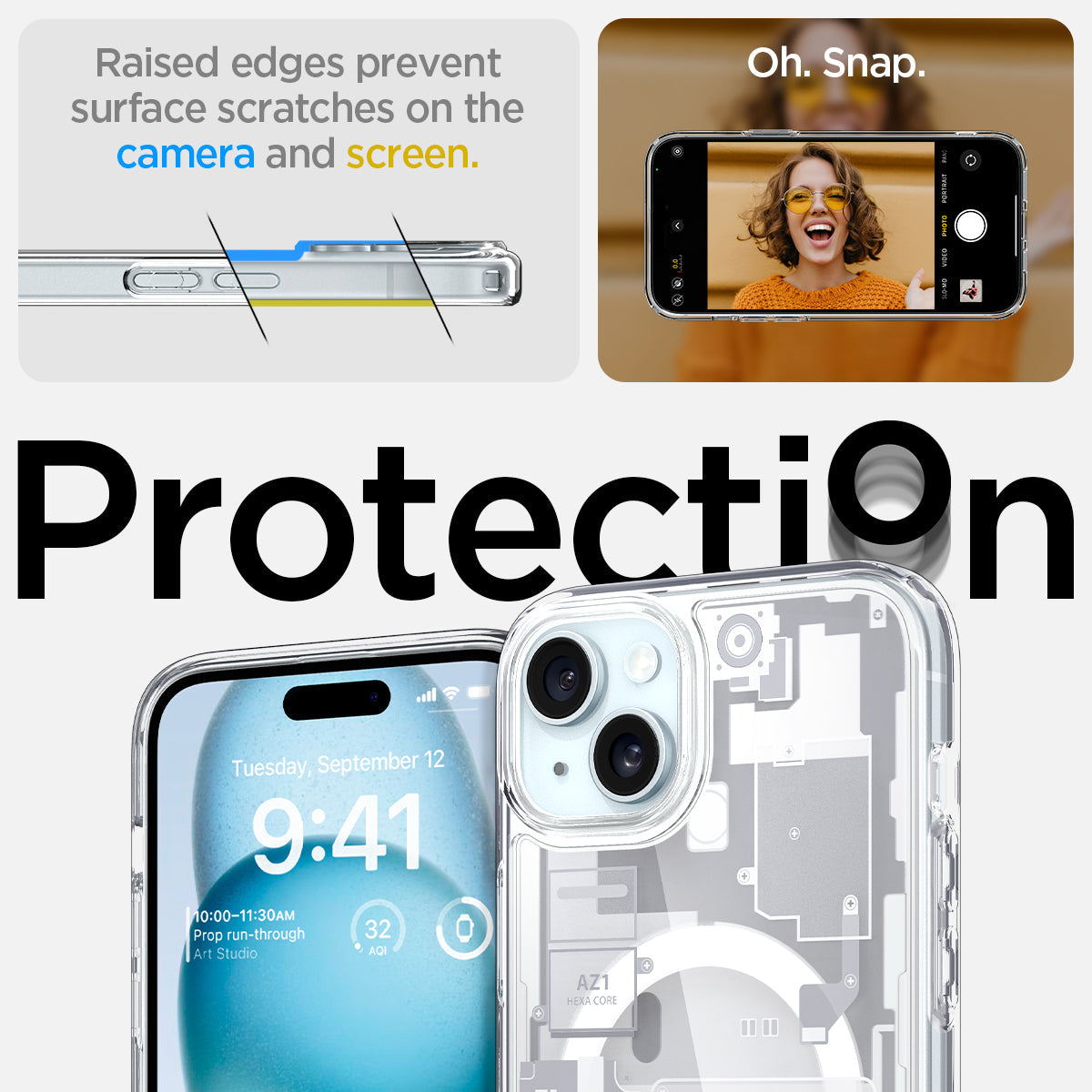 ACS07035 - iPhone 15 Plus Case Ultra Hybrid Zero One in white raised edges prevent surface scratches on the camera and screen. oh. snap. protection.