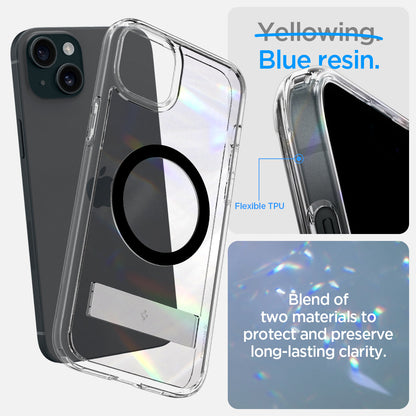 ACS06666 - iPhone 15 Plus Case Ultra Hybrid S (MagFit) in black showing the blend of two materials to protect and preserve long-lasting clarity with flexible TPU and blue resin