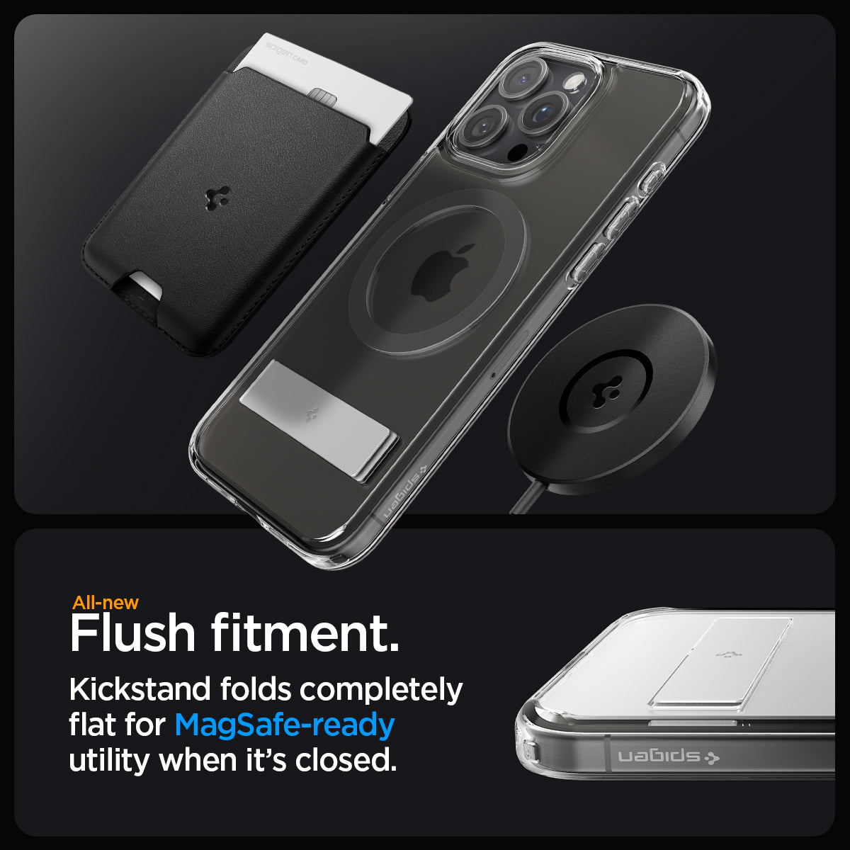 ACS06723 - iPhone 15 Pro Case Ultra Hybrid S (MagFit) in graphite showing the all-new flush fitment. Kickstand folds completely flat for MagSafe-ready utility when it's closed
