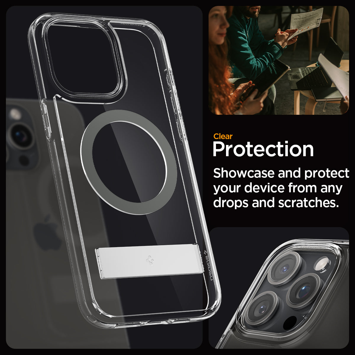 ACS06723 - iPhone 15 Pro Case Ultra Hybrid S (MagFit) in graphite showing the clear protection. Showcase and protect your device from any drops and scratches