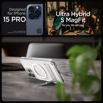 ACS06722 - iPhone 15 Pro Case Ultra Hybrid S (MagFit) in crystal clear showing the compatibility only with iPhone 15 Pro. Not compatible with iPhone 15 | 15 Plus | 15 Pro Max