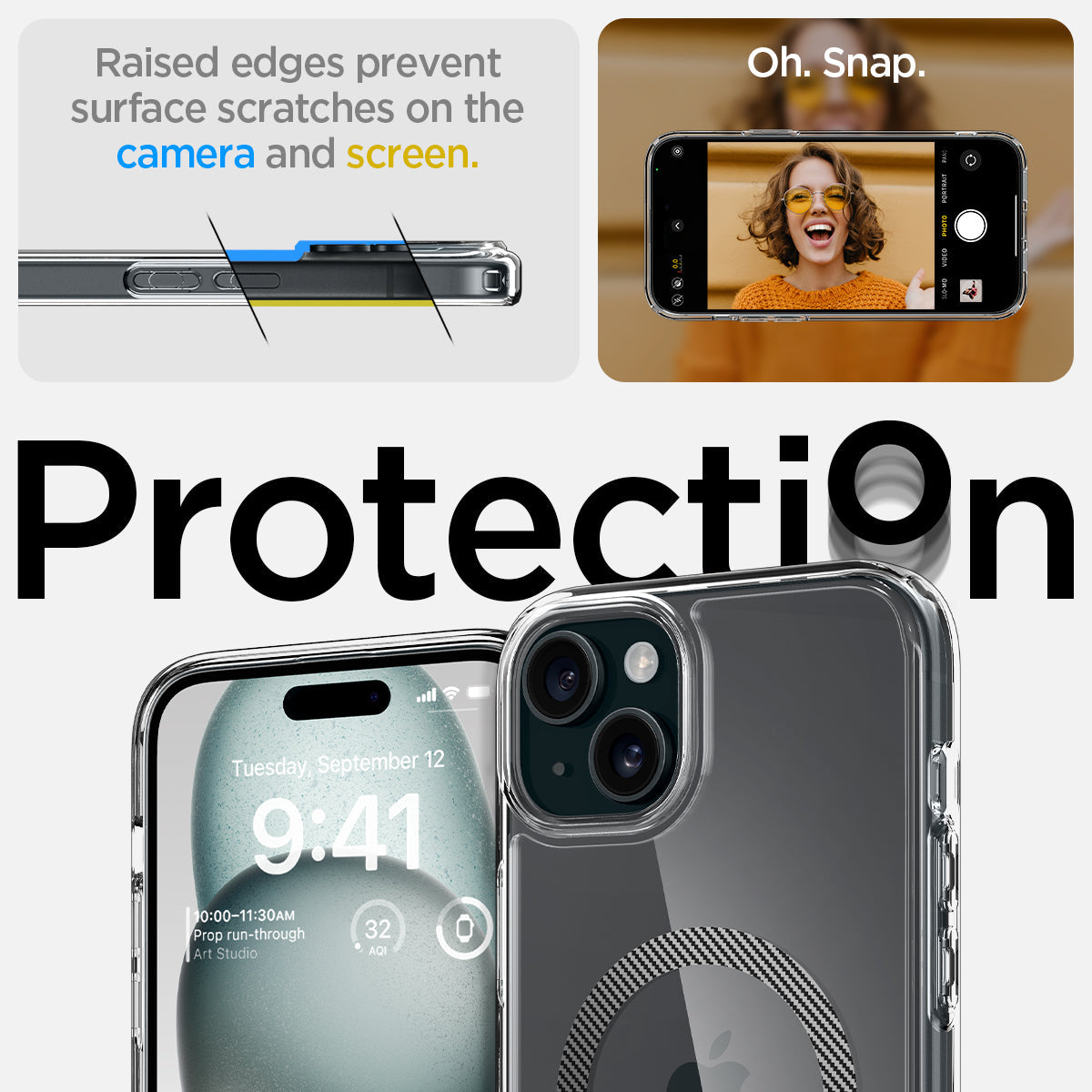 ACS06805 - iPhone 15 Case Ultra Hybrid (MagFit) in carbon fiber showing the protection