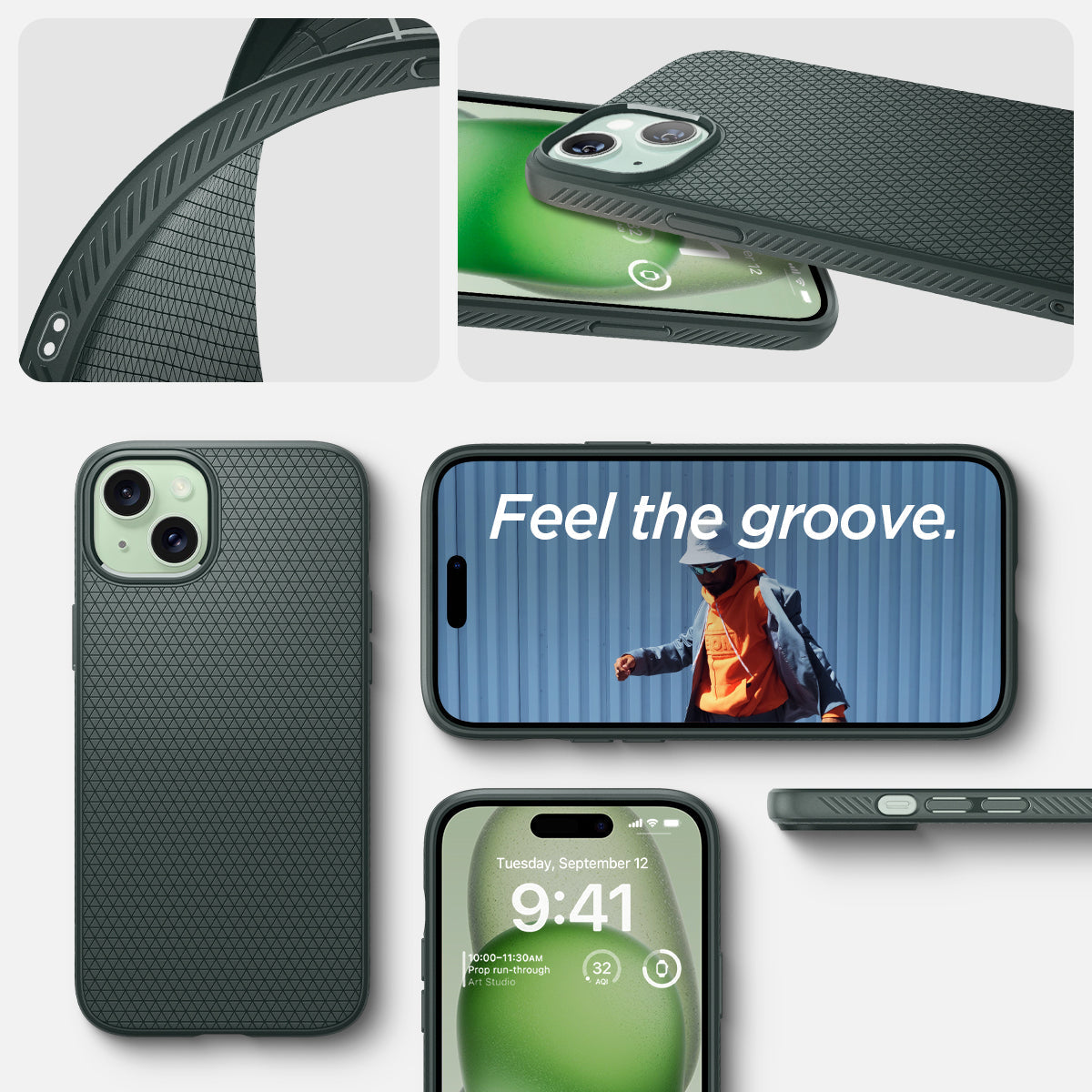 ACS06652 - iPhone 15 Plus Case Liquid Air in abyss green showing the different angles