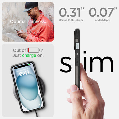 ACS06668 - iPhone 15 Plus Case Tough Armor (MagFit) in gunmetal optimal slimess. out of battery? just charge on. 0.31" iPhone 16 plus depth, 0.07" added depth. slim.