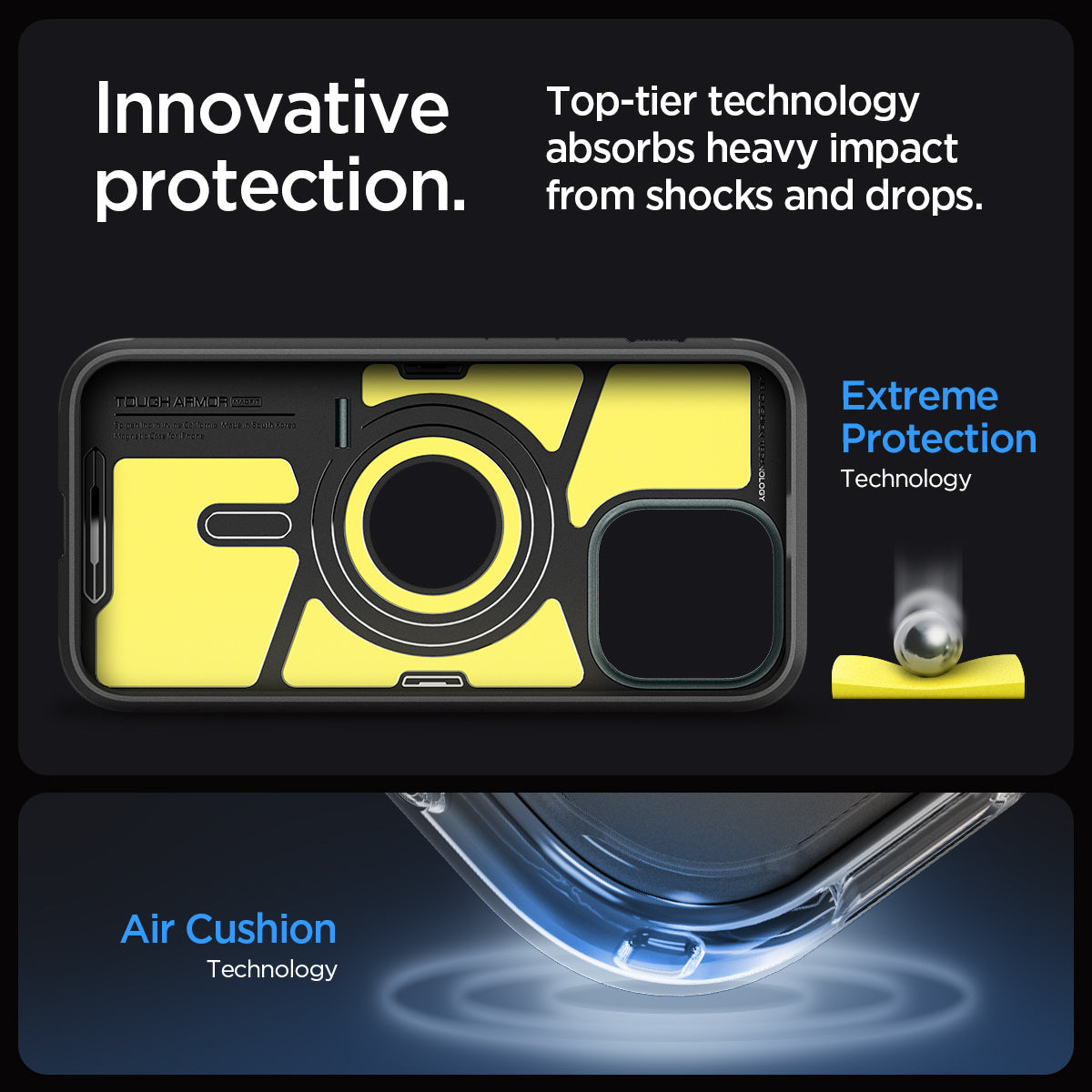 ACS06735 - iPhone 15 Pro Case Tough Armor (MagFit) in abyss green innovative protection. top tier technology absorbs heavy impact from shocks and drops. Extreme protection technology. Air cushion technology.