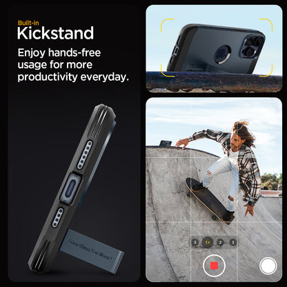 ACS06734 - iPhone 15 Pro Case Tough Armor (MagFit) in metal slate built in kick stand enjoy hands free usage for more productivity everyday.