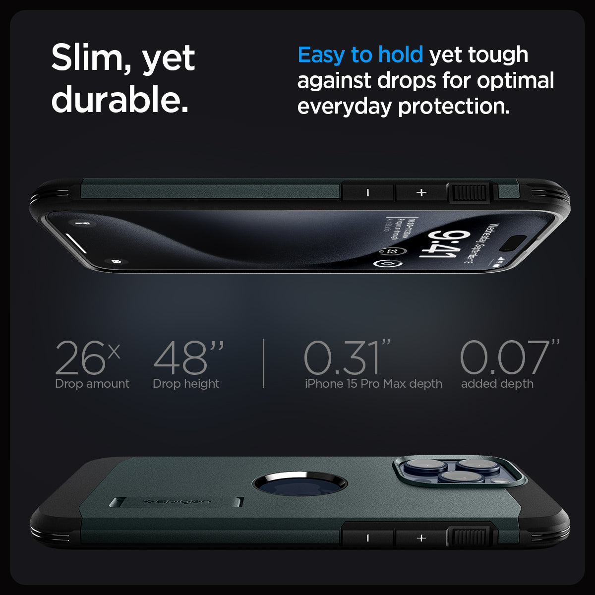 ACS06596 - iPhone 15 Pro Max Case Tough Armor (MagFit) in abyss green slim yet durable. easy to hold yet tough against drops for optimal everyday protection