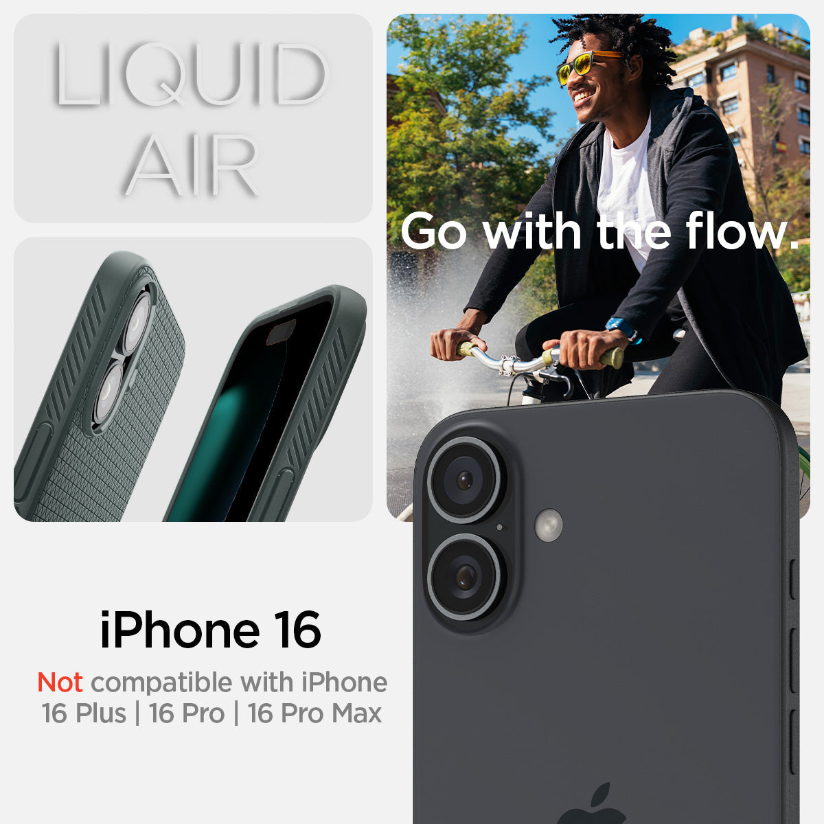 ACS08196 - iPhone 16 Case Liquid Air in Abyss Green showing the compatibility only with iPhone 16. Not compatible with iPhone 16 Plus | 6 Pro | 16 Pro Max