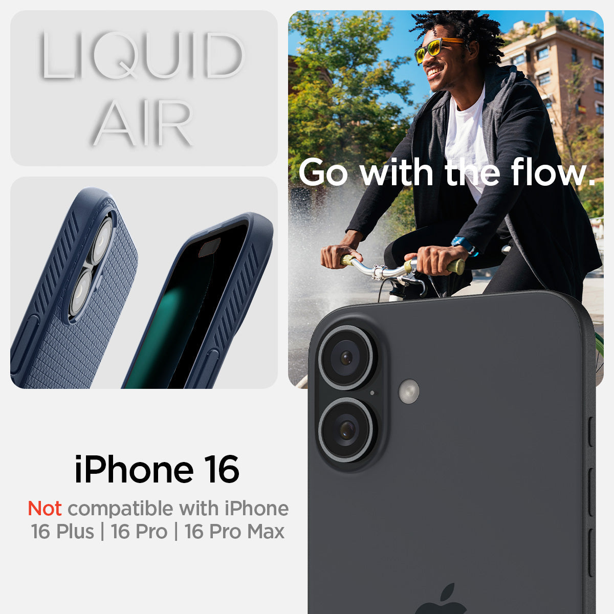 ACS08195 - iPhone 16 Case Liquid Air in Navy Blue showing the compatibility only with iPhone 16. Not compatible with iPhone 16 Plus 16 Pro 16 Pro Max