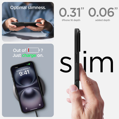ACS08186 - iPhone 16 Case Thin Fit (MagFit) in Black optimal slimess. out of battery? just charge on. 0.31" iPhone 16 plus depth, 0.06" added depth. slim.
