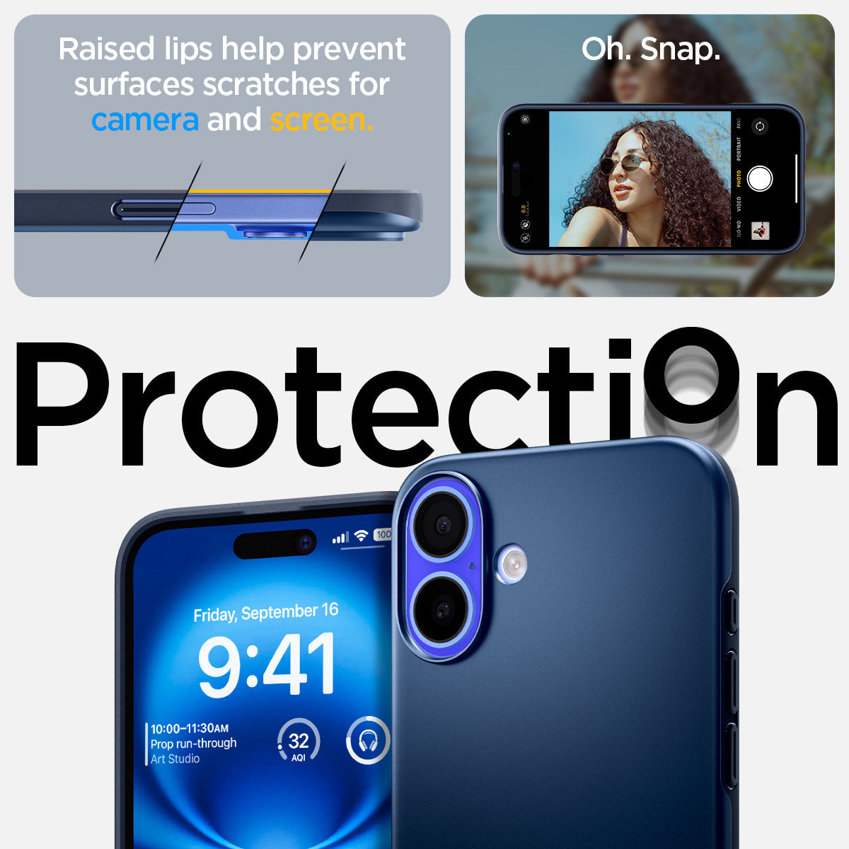 ACS08187 - iPhone 16 Case Thin Fit (MagFit) in Navy Blue raised lips help prevent surfaces scratches for camera and screen. oh snap. protection.