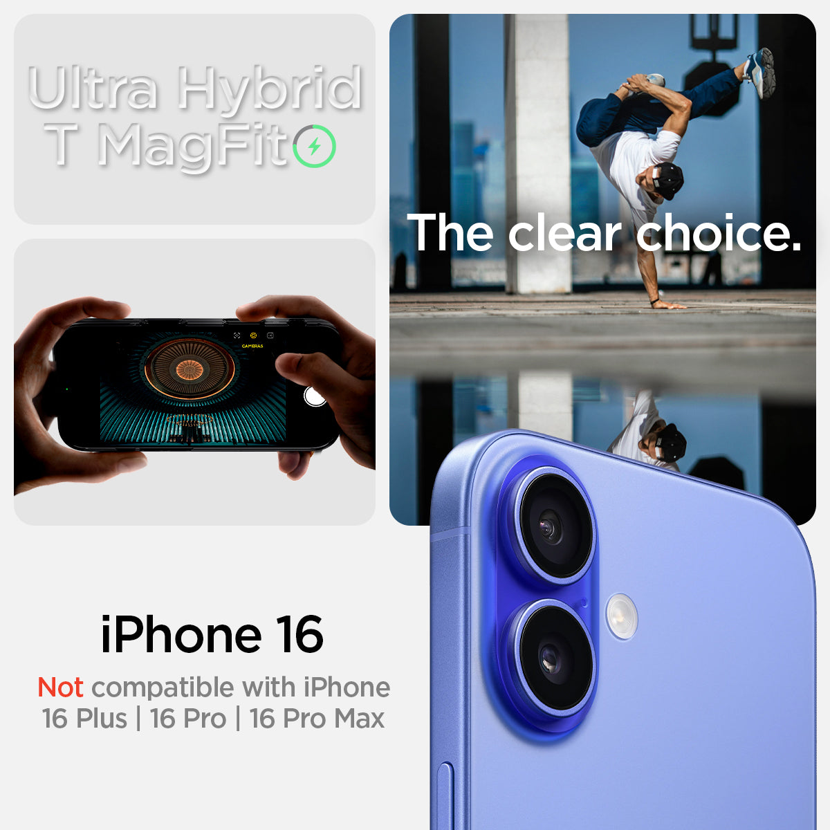 ACS09074 - iPhone 16 Case Ultra Hybrid T (MagFit + Camera Control) in Frost Black showing the compatibility, only with iPhone 16 and not compatible with iPhone 16 Plus | 16 Pro | 16 Pro Max
