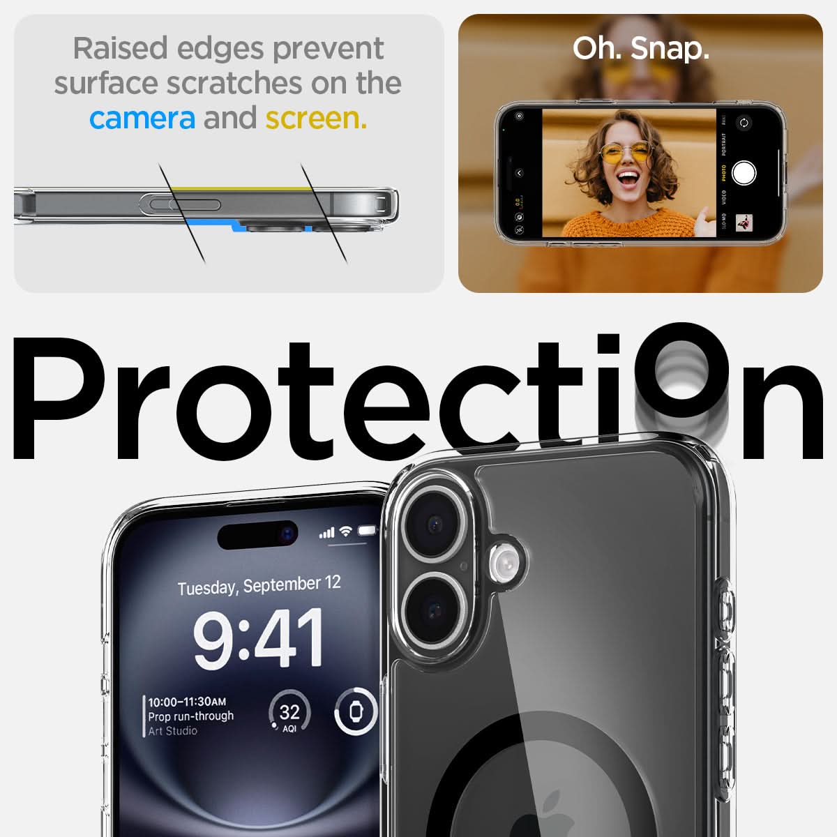 ACS08206 - iPhone 16 Case Ultra Hybrid (MagFit) in Black raised edges prevent surface scratches on the camera and screen. Oh snap. Protection.