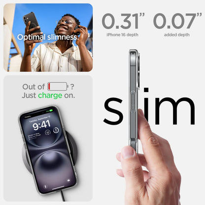 ACS08207 - iPhone 16 Case Ultra Hybrid (MagFit) in Carbon Fiber optimal slimness. Out of battery? Just charge on. 0.31" and 0.07" slim.