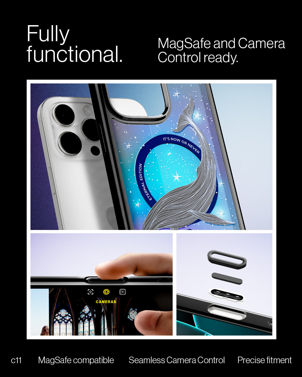 ACS09301 - iPhone 16 Pro Max Case c11 Series Eternal Edition (MagFit) in Eternal showing the fully functional. MagSafe and Camera Control ready. MagSafe compatible, seamless camera control and precise fitment