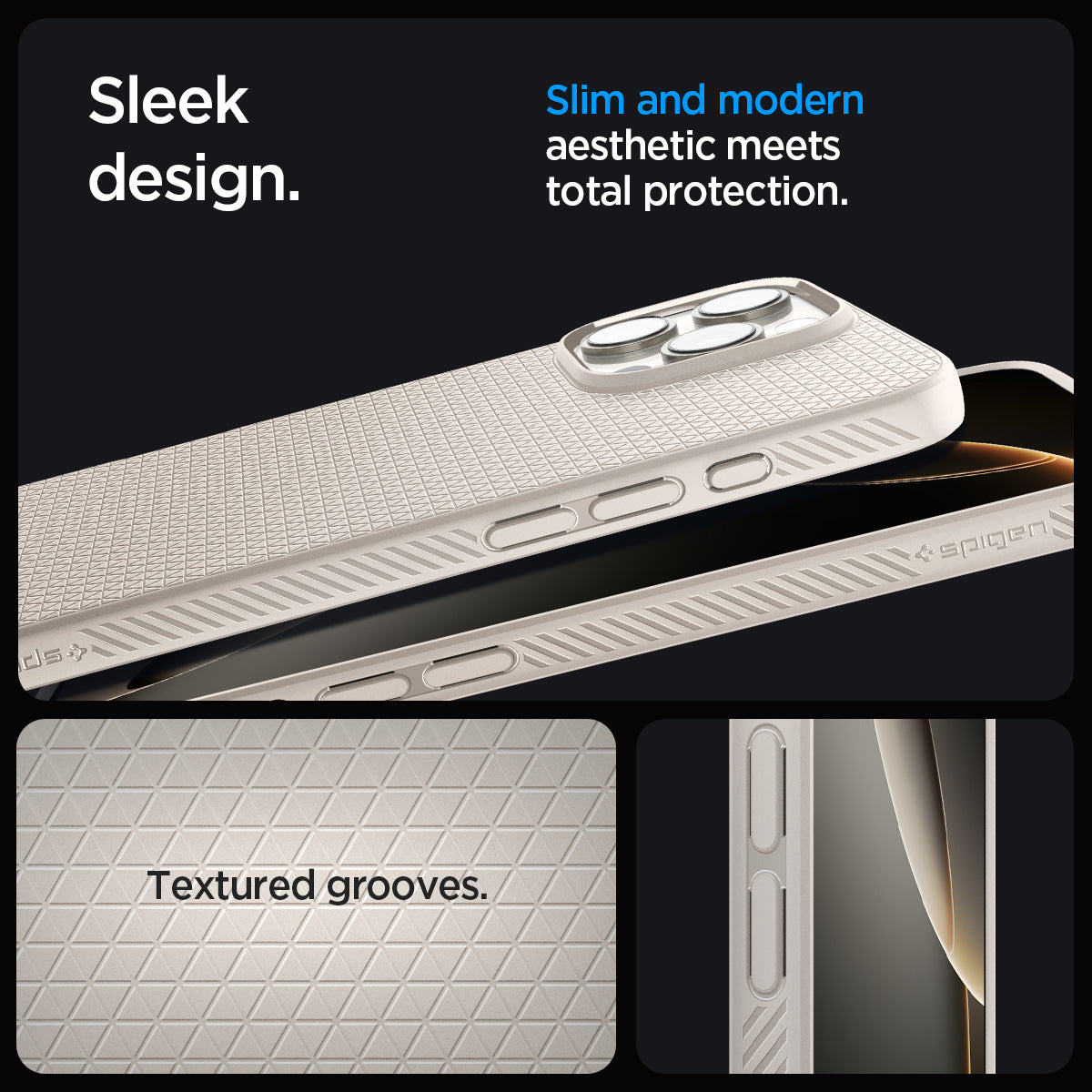 ACS08120 - iPhone 16 Pro Case Liquid Air in Natural Titanium showing the sleek design. Slim and modern aesthetic meets total protection with textured grooves