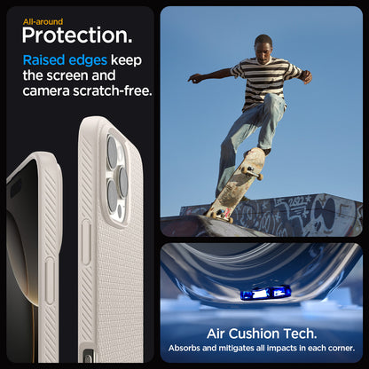 ACS07991 - iPhone 16 Pro Max Case Liquid Air in Natural Titanium showing the all-around protection. Raised edges keep the screen and camera scratch-free. Air Cushion Tech. Absorbs and mitigates all impacts in each corner