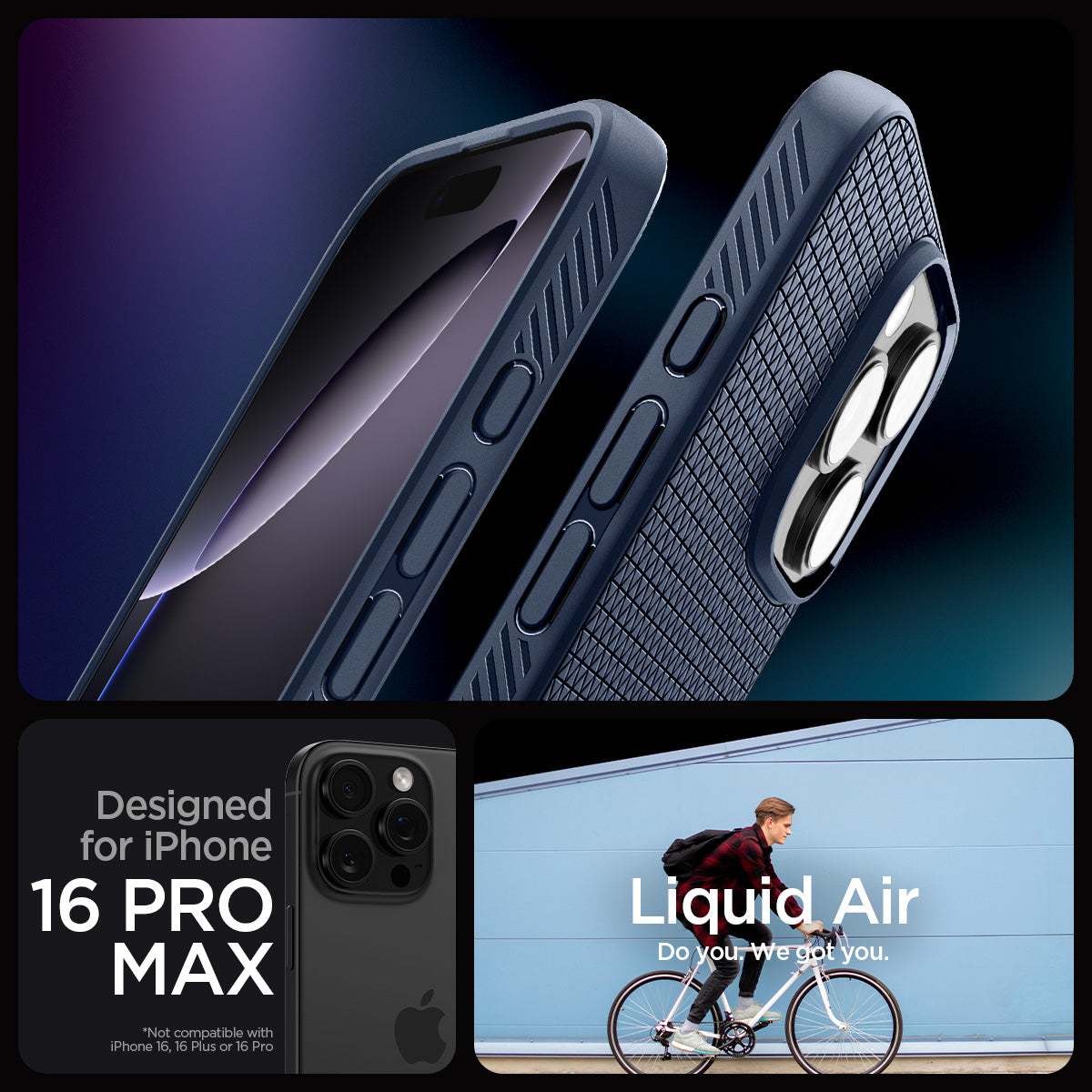 ACS07989 - iPhone 16 Pro Max Case Liquid Air in Navy Blue showing the compatibility designed for iPhone 16 Pro Max. Not compatible with iPhone 16, 16 Plus or 16 Pro