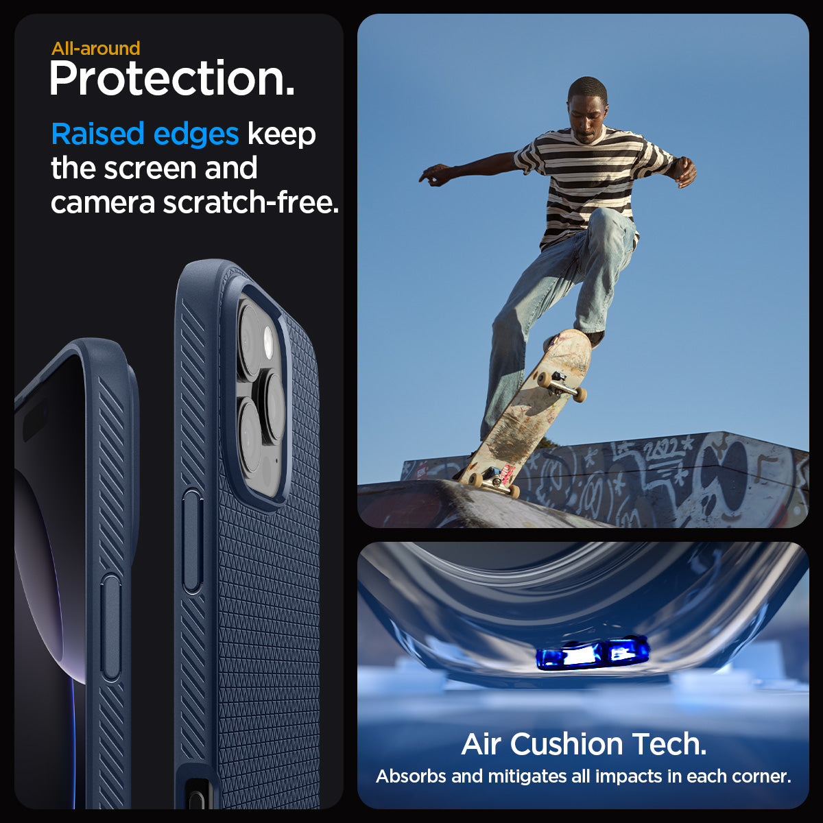 ACS07989 - iPhone 16 Pro Max Case Liquid Air in Navy Blue showing the all-around protection. Raised edges keep the screen and camera scratch-free. Air Cushion Tech. Absorbs and mitigates all impacts in each corner