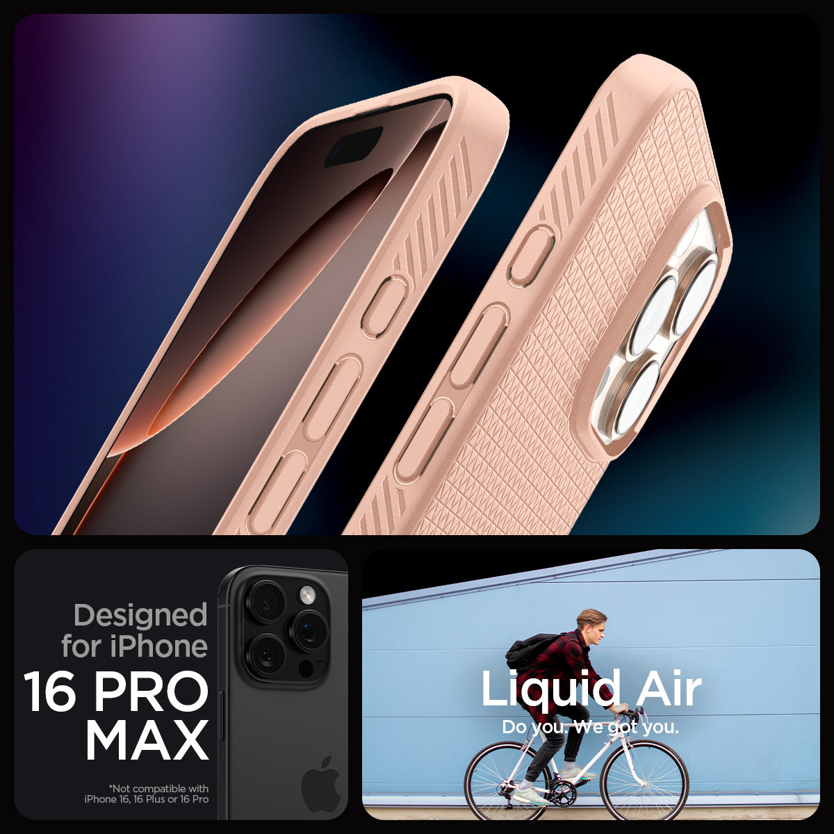 ACS08687 - iPhone 16 Pro Max Case Liquid Air in Rose Titanium showing the compatibility designed for iPhone 16 Pro Max. Not compatible with iPhone 16, 16 Plus or 16 Pro